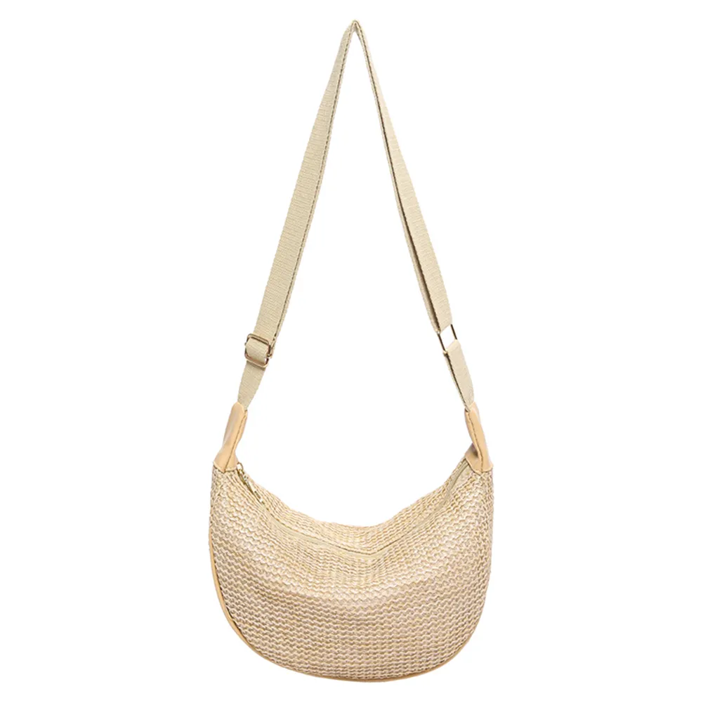 Borsa a tracolla a mezzaluna con tracolla regolabile, in paglia intrecciata, grande capacità, casual, per feste e vacanze, da donna_voghion.com