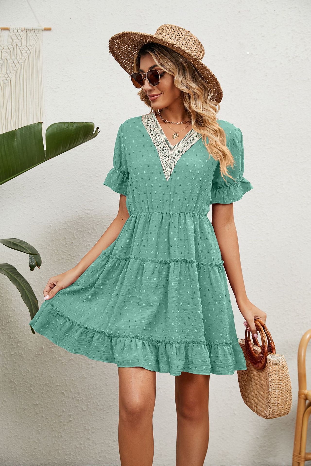 Damen-Kleid aus Jacquard-Wollknäuel mit V-Ausschnitt, lockeres, festes Kleid mit elastischer Taille_voghion.com