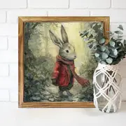 Charmig kanin i röd rock, vintage träinramad väggkonst - perfekt för bondgårdsinredning, vardagsrum, entré och sovrum - perfekt påskpresent, 20x20 cm_voghion.com