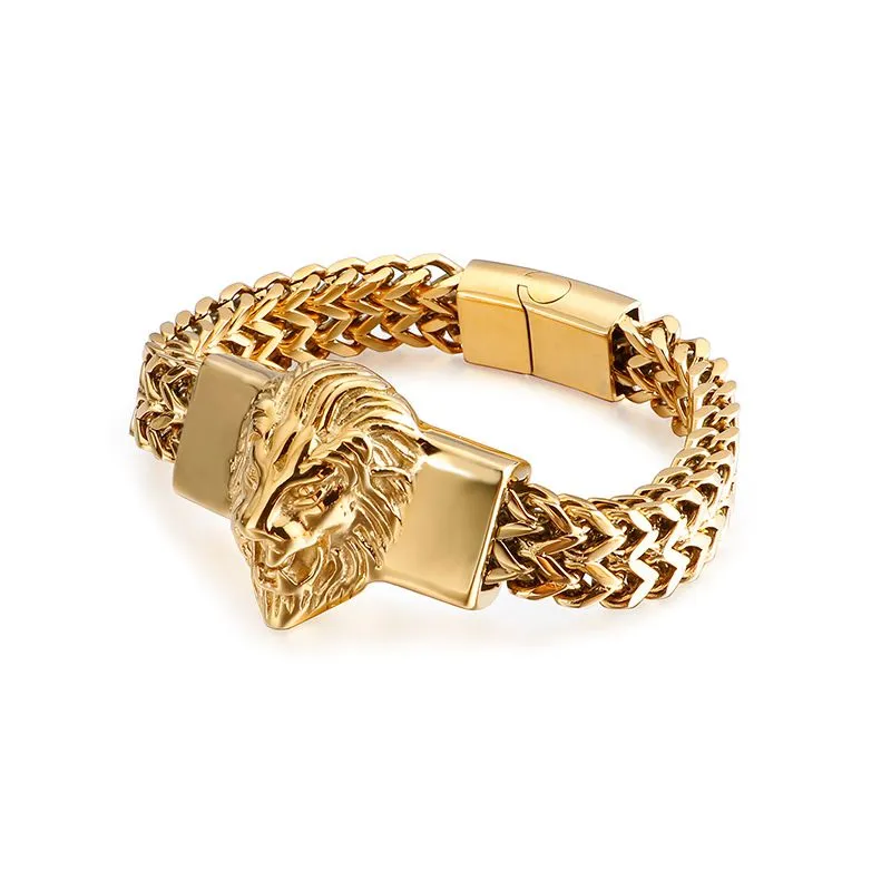 Lion Head Cuban Link Chain Bracelet In Stainless Steel For Men_voghion.com