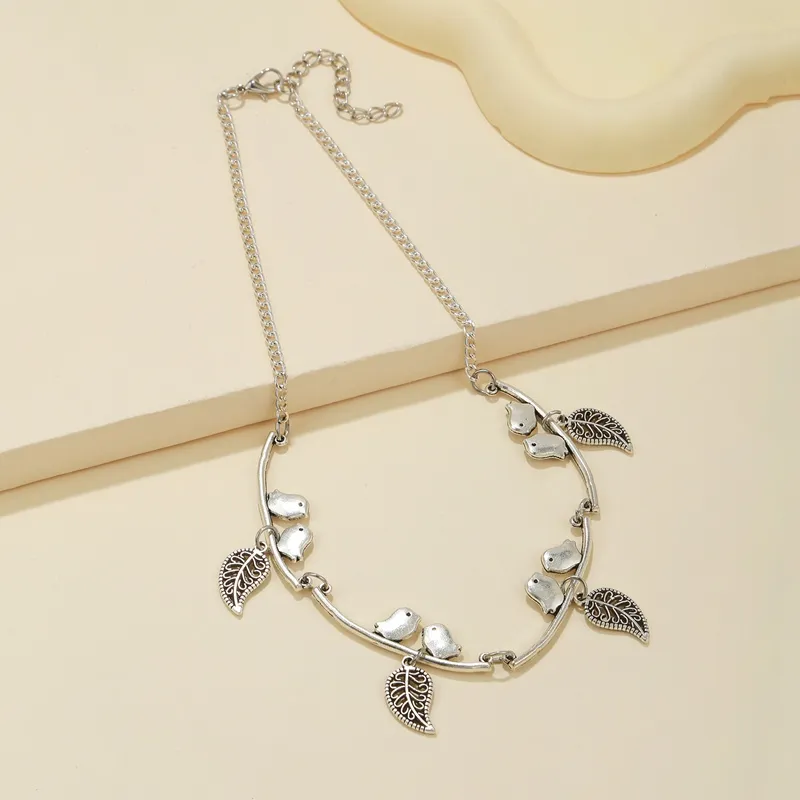 Halsketten mit Anhänger, Vintage-Stil, Blatt und Vögel, Anhänger für Frauen, Statement-Halskette, Kragenschmuck_voghion.com