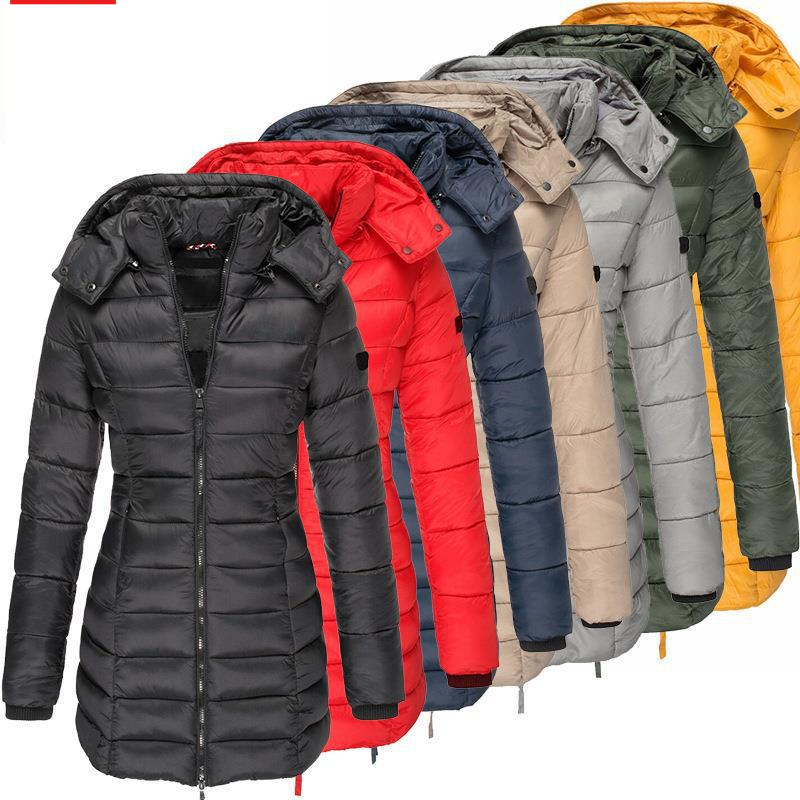 Women's Clothing winter women's cotton padded jacket, medium length slim fitting cotton padded jacket, warm solid color hooded cotton padded jacket