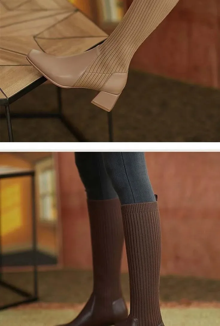 Knee Thick High Socks Winter Womens Long Boots Elegant Autumn Brown Wedge Elastic 241116_voghion.com