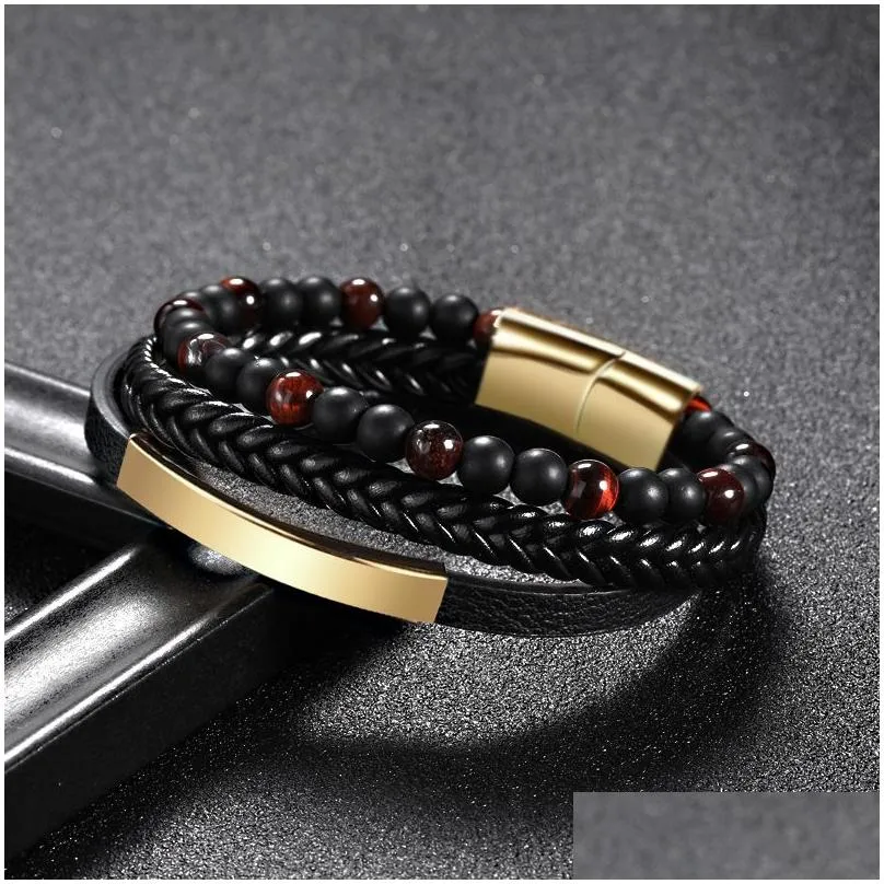 Multilayer Braided Leather Wrap Stone Lava Tiger Eye Natural Gemstone Bracelet Magnetic Clasp Bangle Cuff Wristband Drop_voghion.com