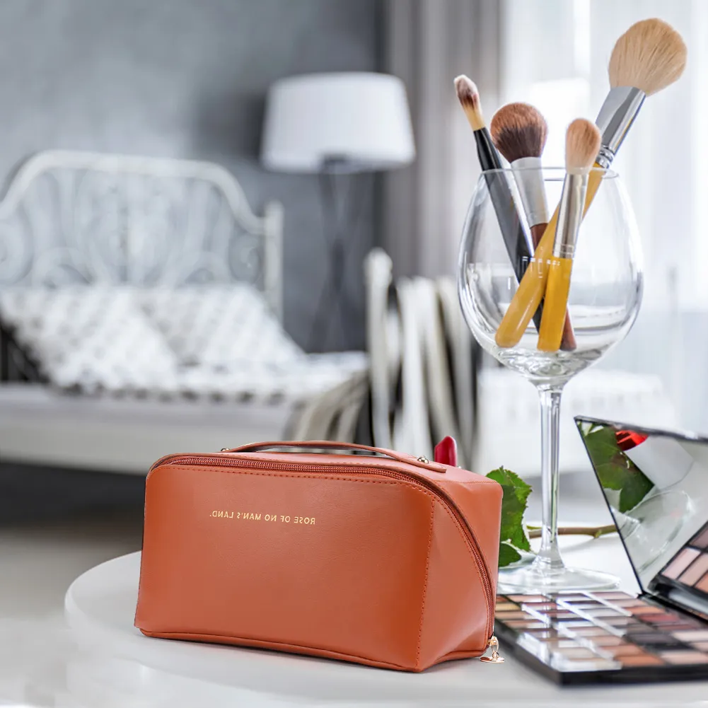 Trousse de maquillage en cuir pour femmes, grande capacité, organiseur de rangement pour pinceaux, idéal pour les voyages._voghion.com