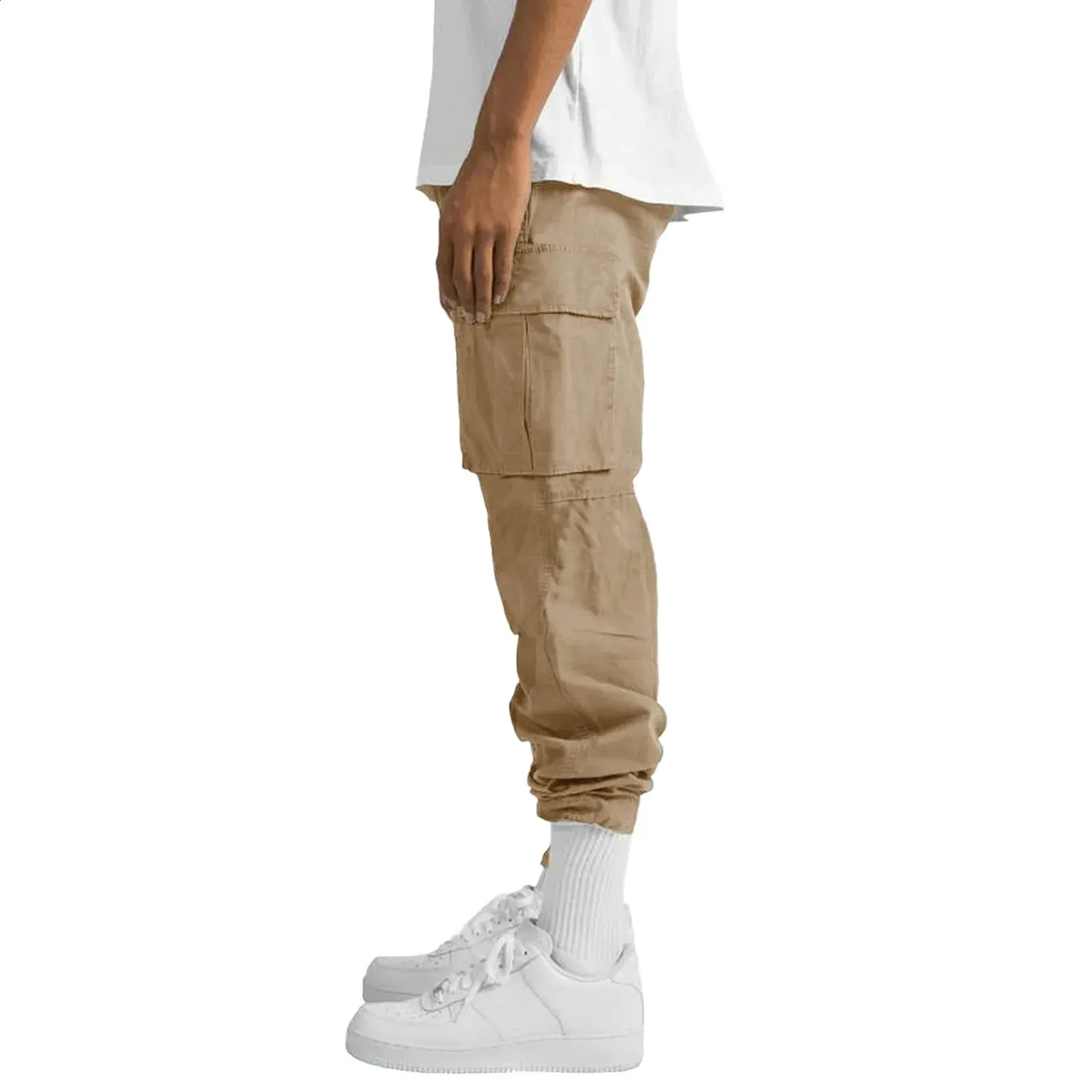 Calças para homens comprimento total cor sólida solta vários bolsos bolsos com cordão calças cargo masculinas 3XL 240813_voghion.com