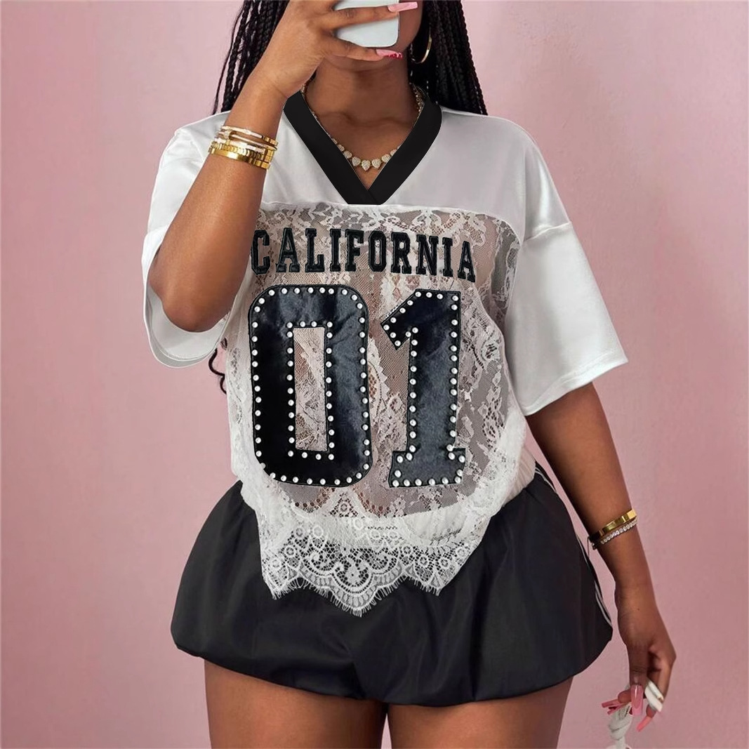 [Jersey]Women's Clothing Printing Loose Casual Street Perspective Sexy Lace Splicing Tops
