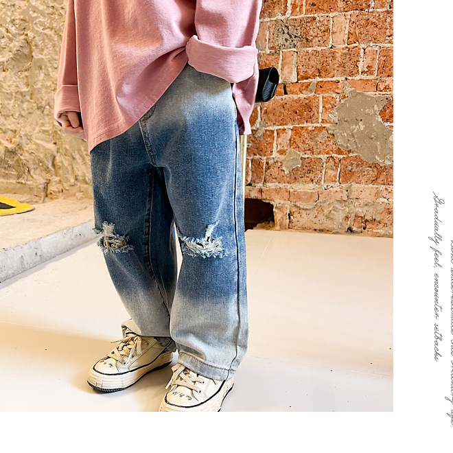 Jeans déchirés pour mères et enfants, pantalons à jambes larges et droites progressives, pour garçons et filles, tendance de la mode_voghion.com