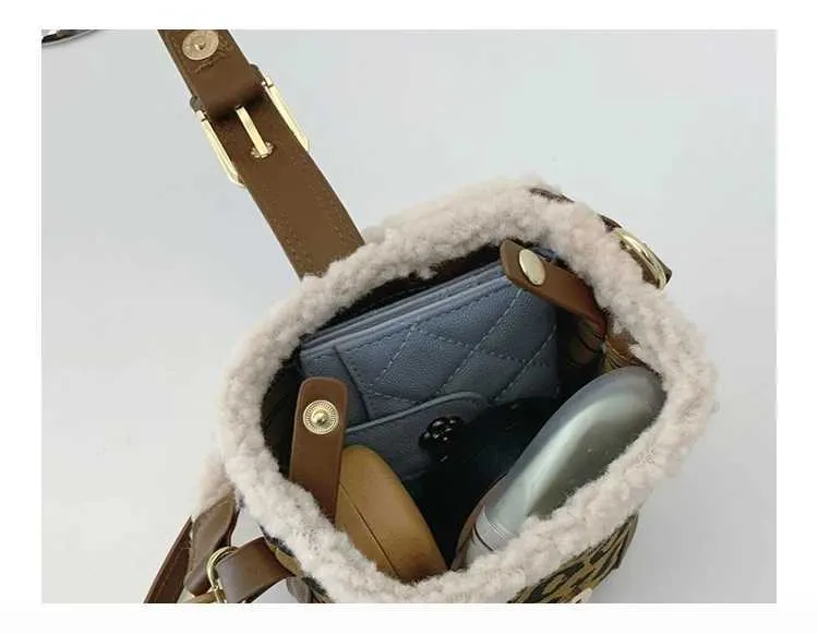 Sac seau vintage en daim léopard pour femme, mini-poignée en polaire d'agneau, tenue décontractée, polyvalent, en peluche_voghion.com