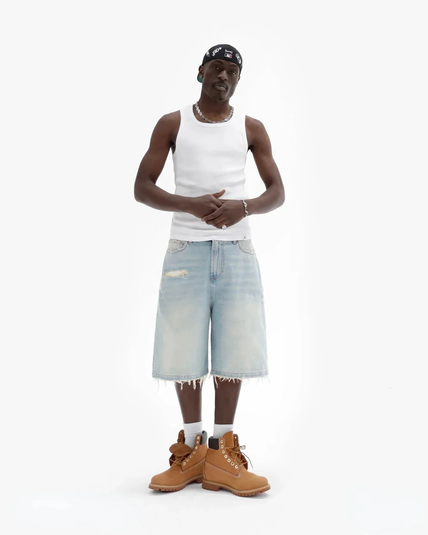 Reaven Summer Hip Hop Ripped Hole Raw Edge Denim Black Blue Wash Punk Work Shorts Vintage Men Women Jorts Y2K Streetwear_voghion.com