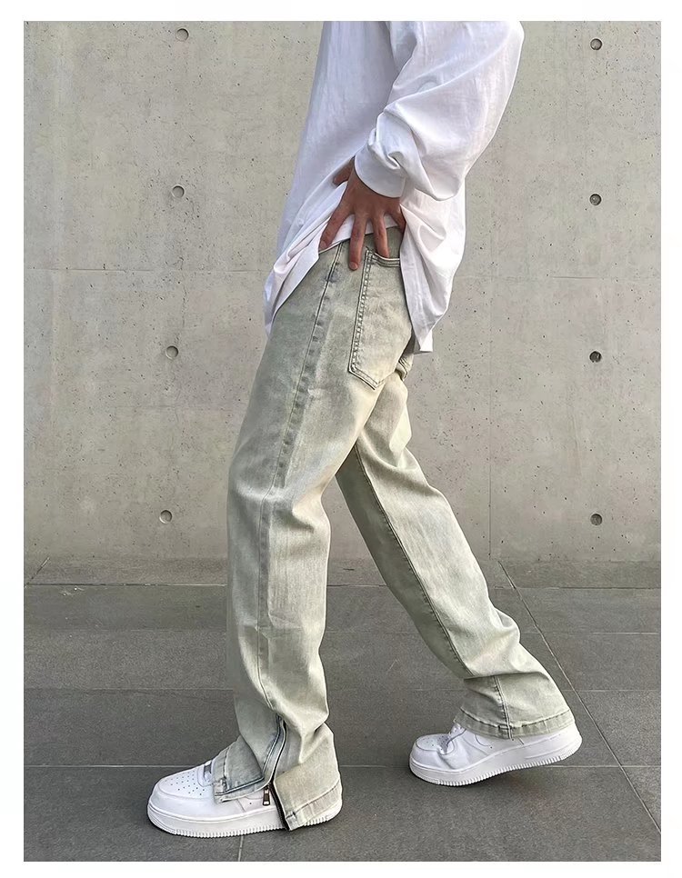 New High Street Washed Used Yellow Mud Dyeing Zipper Split Jeans Men's Straight Tube Casual Micro Pull Pants Trendy_voghion.com