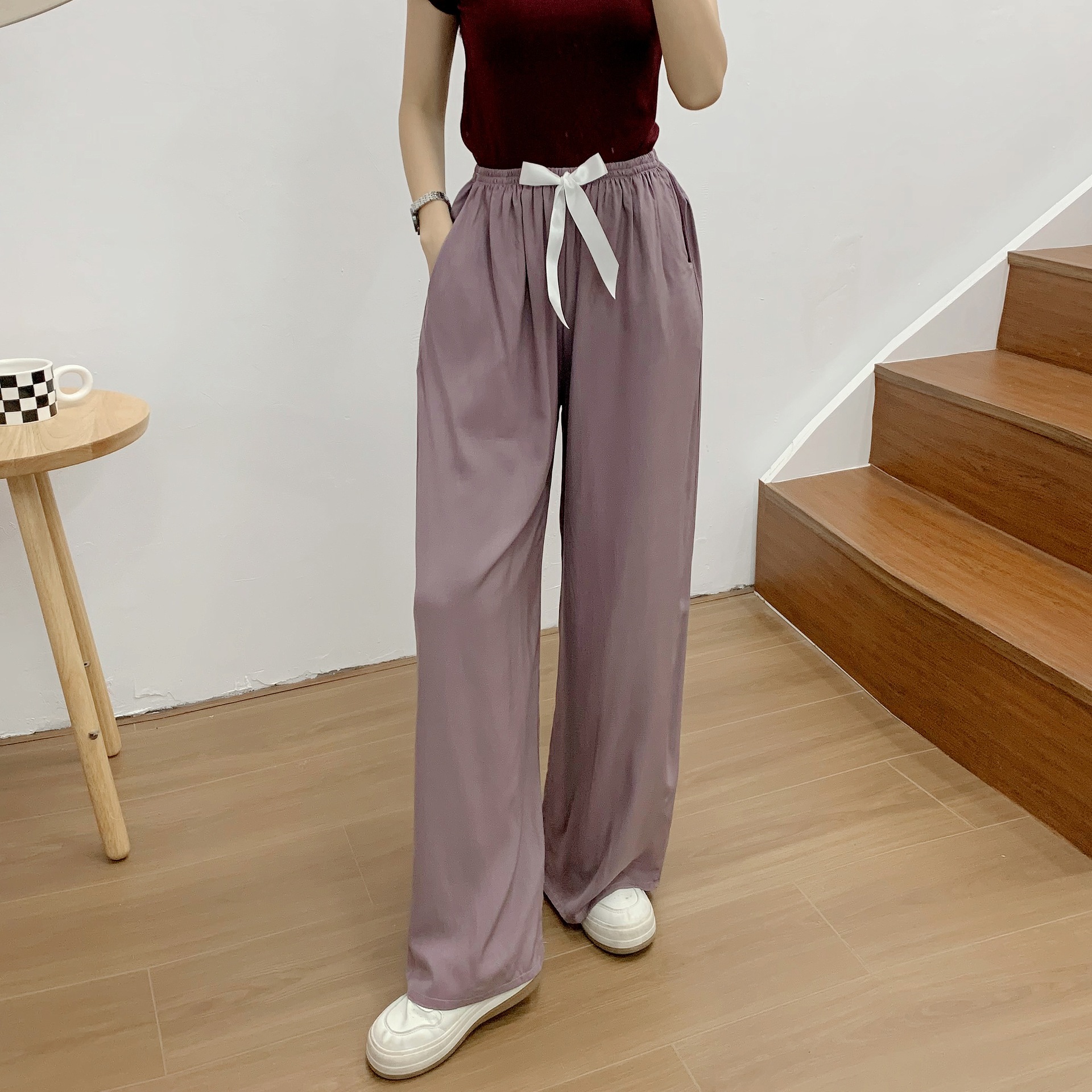 Women's Sleepwears Cotton silk pajama pants women's solid color high-waisted candy wide-leg pants thin pants_voghion.com