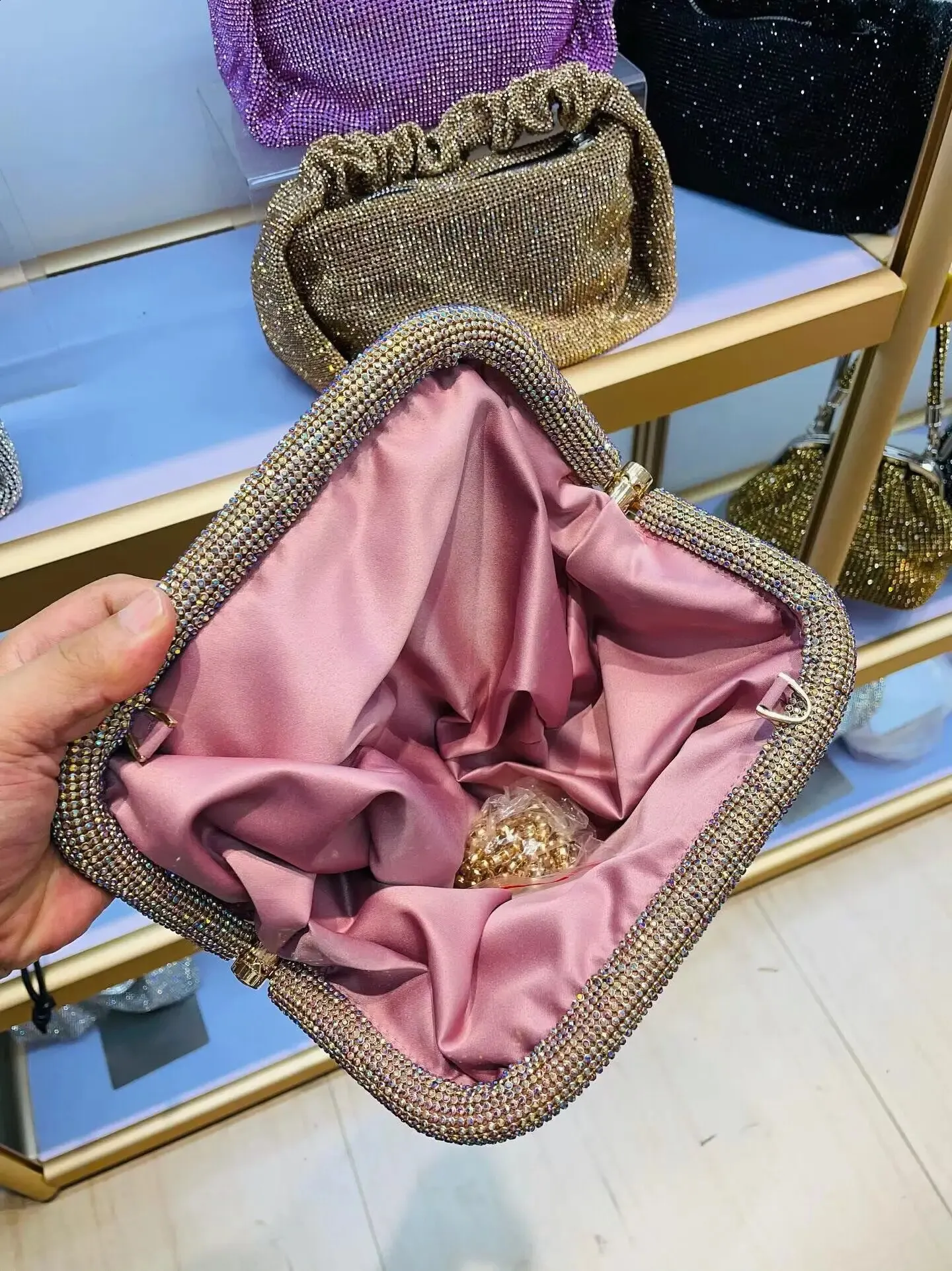 Shell Clip Rhies Handbag For Women Purse Shiny Handmade Dia Shoulder Crossbody Evening Bag 240902_voghion.com