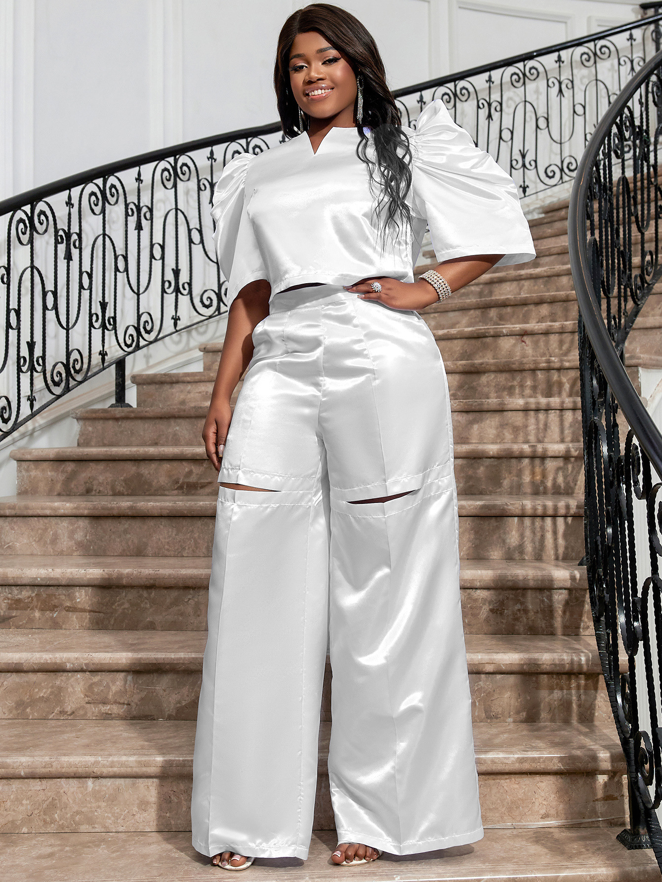 Women's solid color half-open collar top high waist wide leg pants suit large size female two-piece set_voghion.com