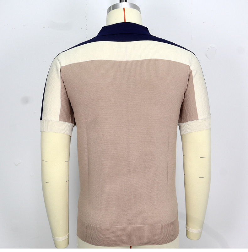 Nuova camicia da uomo in maglia patchwork con maniche corte, colore a contrasto, polo aderente, da uomo SY0046_voghion.com
