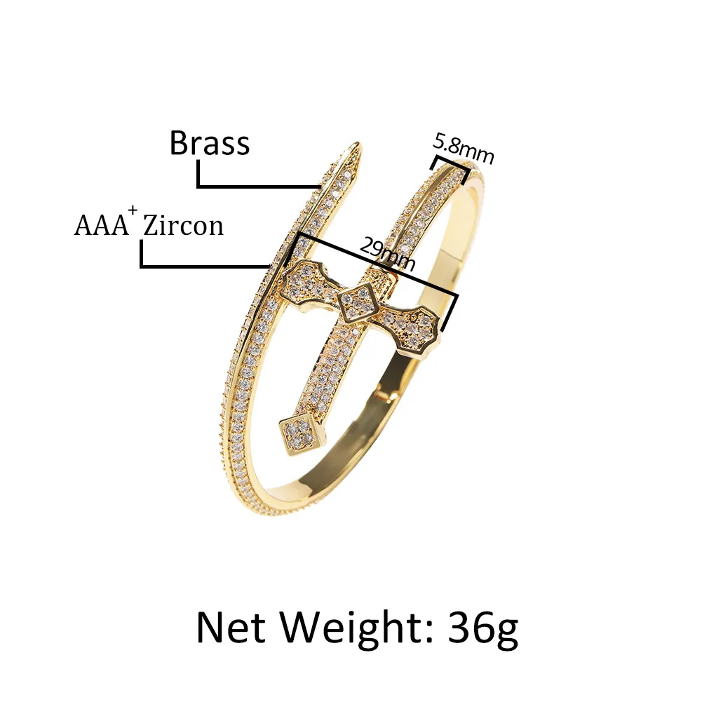 2024 New Sword Justice Gold Sier Color Cubic Zircon Cross Bracelet men Women Men Hip hop Jewelry_voghion.com