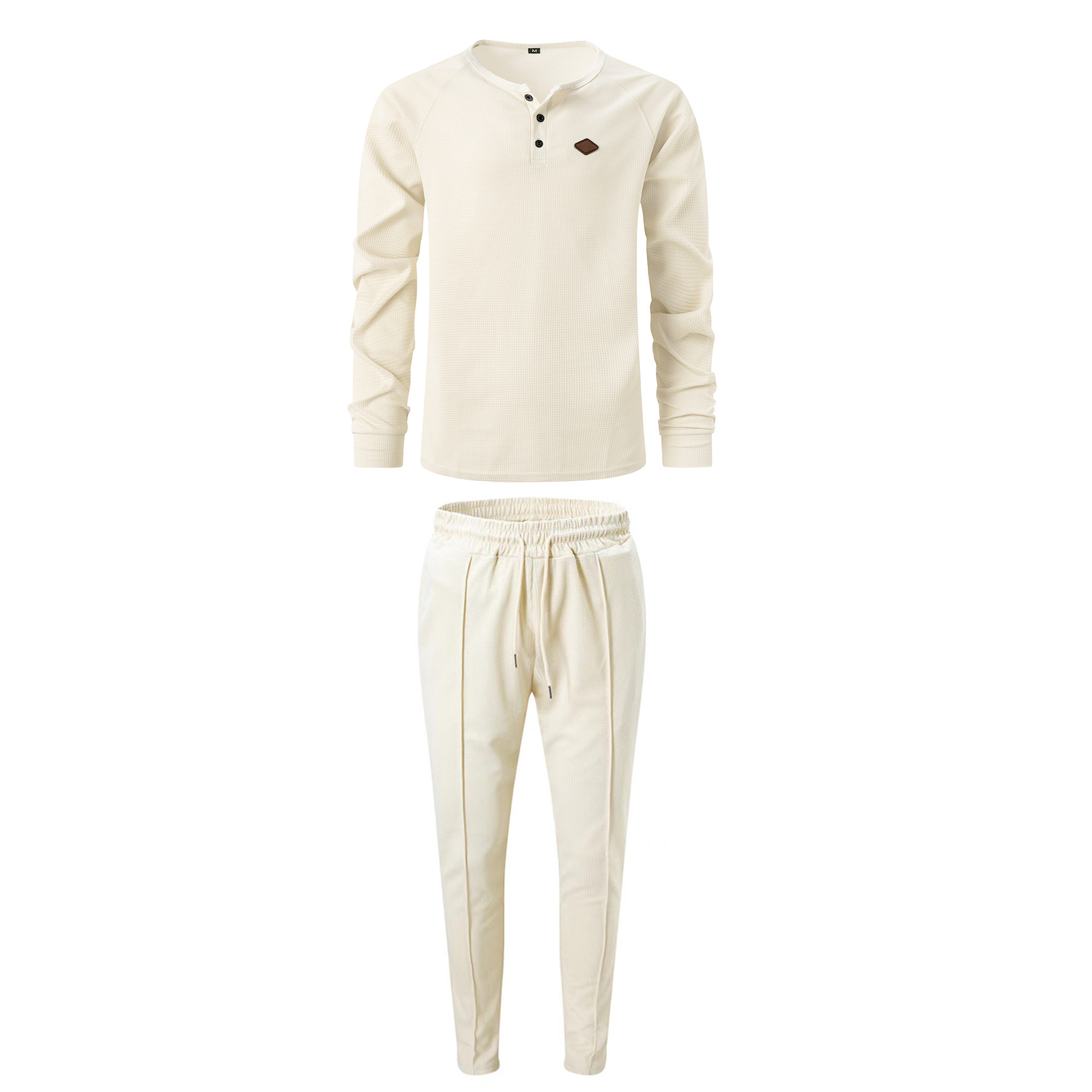 2024 Spring and Autumn New Men's Solid Color Waffler Henley Long sleeved Pants Set_voghion.com