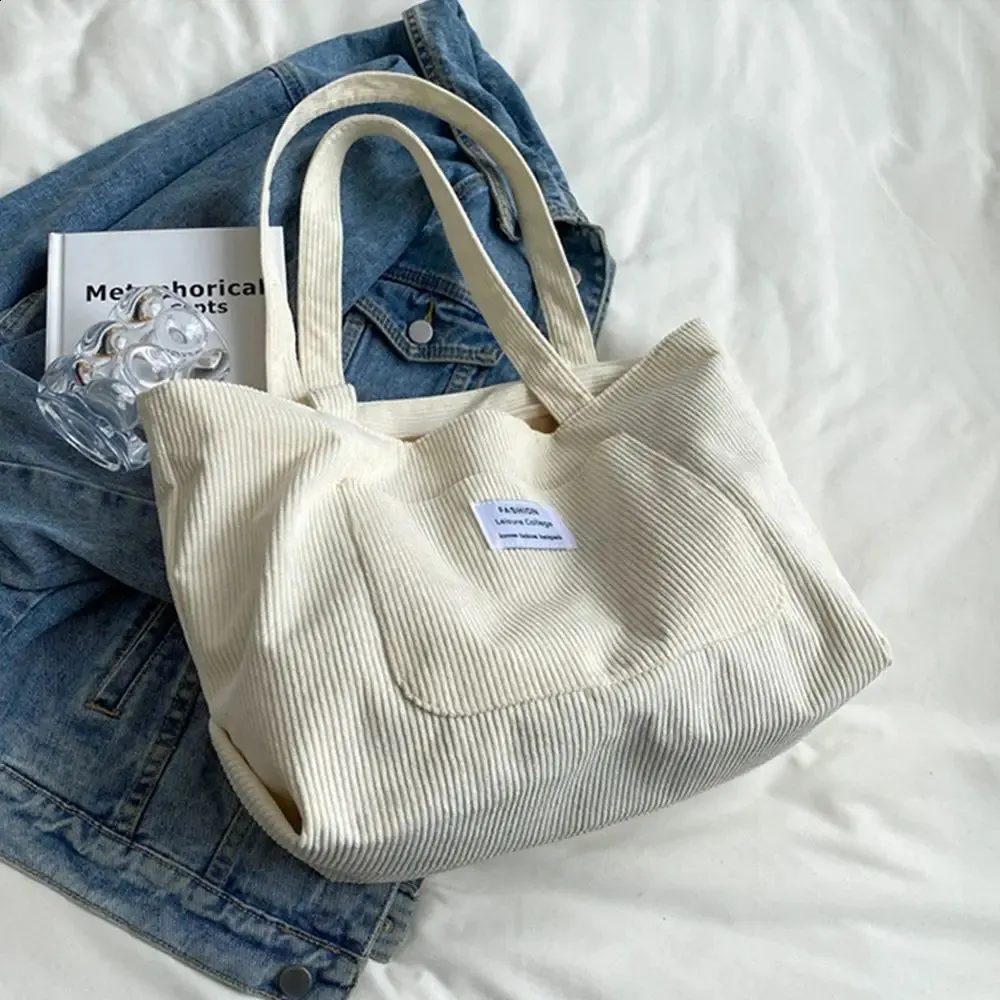 Dame skulderhåndtasker Corduroy tote stor indkøbstaske 240822_voghion.com