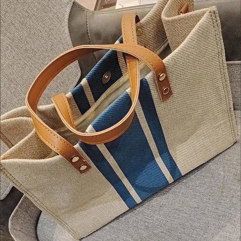 Borsa a mano da donna, semplice, alla moda, di grande capacità, vintage, a righe, portatile, stile coreano._voghion.com