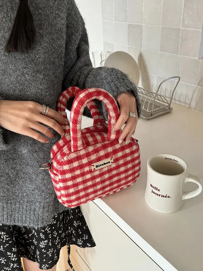 Xiuya Vintage Süße Handtasche für Damen Rot Kariert Buchstaben Weiche Kawaii Crossbody Herbst Winter Schultertasche 240816_voghion.com