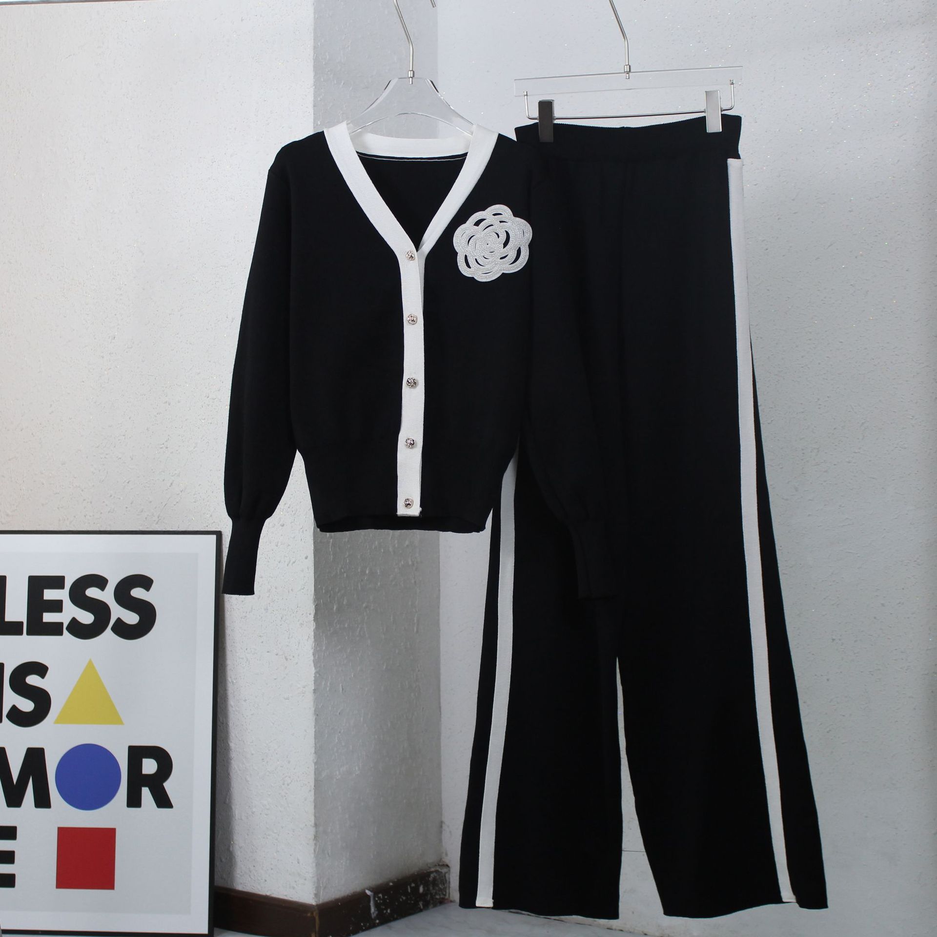 Ensemble pull de couleur contrastée pour femme, cardigan à manches longues et col en V, pantalon ample et élastique à jambes larges, costume deux pièces