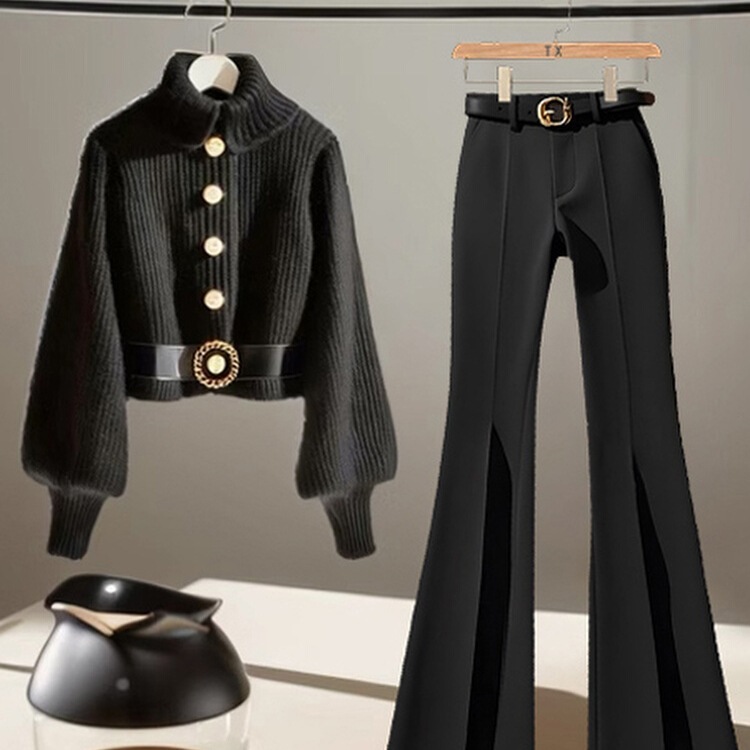 Vêtements pour femmes Pull tricoté noir Pantalon évasé d'hiver Costume deux pièces Costume polyvalent de luxe léger à la mode