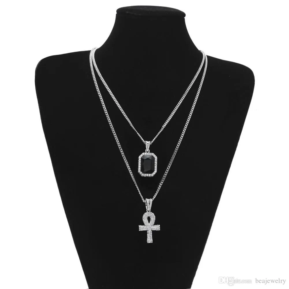 Neue Mode Ägyptischen Ankh Schlüssel des Lebens Bling Strass Kreuz mit Rot Rubin Anhänger Halskette Set Männer Hip Hop Schmuck Geschenk_voghion.com