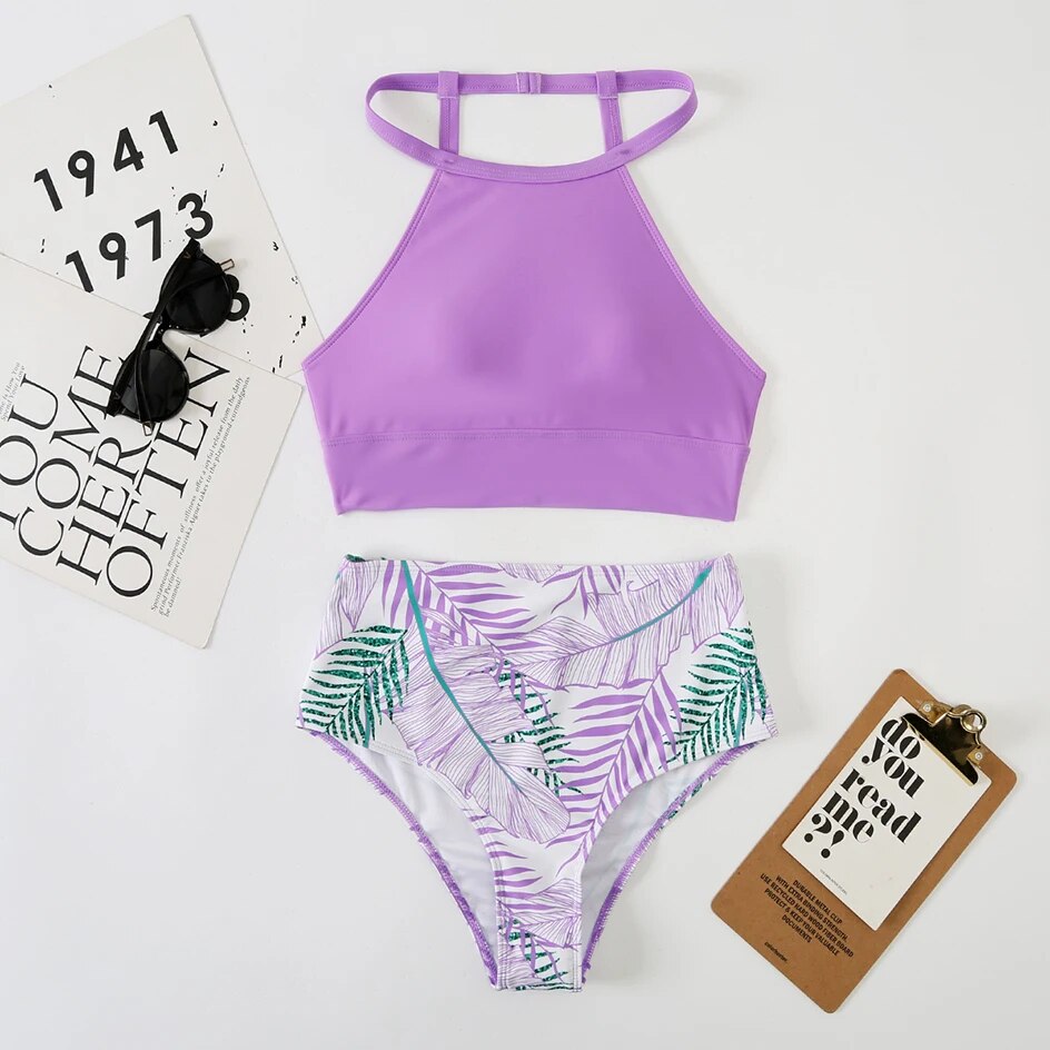 Maillot de bain deux pièces pour femme, bikini sexy, col haut, taille haute, ensemble deux pièces, vêtements de plage pour la plage, 2024_voghion.com