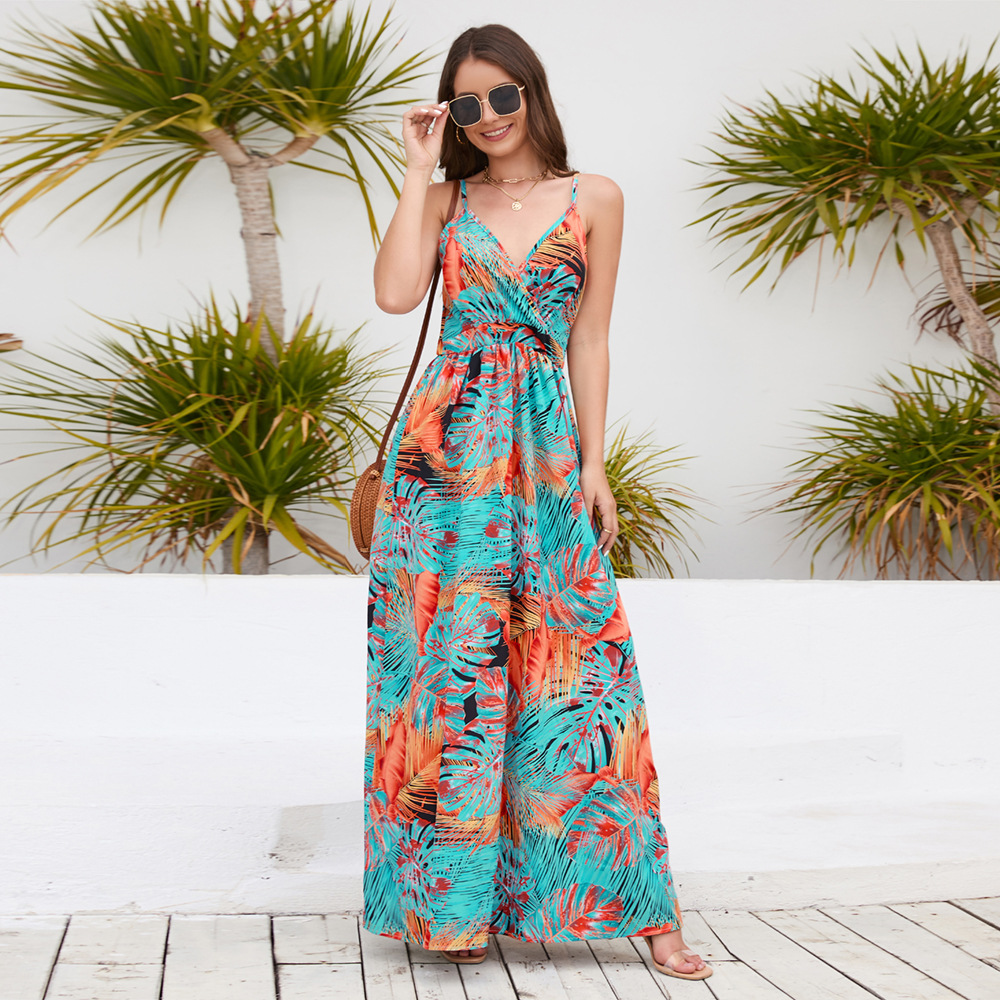 Women's Bohemian Print Long Dress Sexy V-Neck Strap Dress