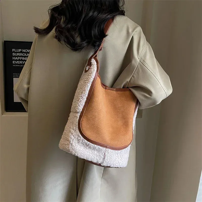 Trendy fashion Lamb Wool Shoulder Bucket Women Handbags And Purse 2024 cute Ladys Suede Leather Messenger Bag 240907_voghion.com