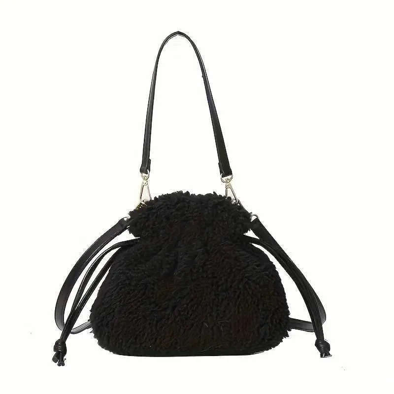 Sac de créateur Mini sac en peluche tendance en forme de croix avec Drstrip - sac seau doux et pelucheux pour femme avec bandoulière amovible en polyester_voghion.com