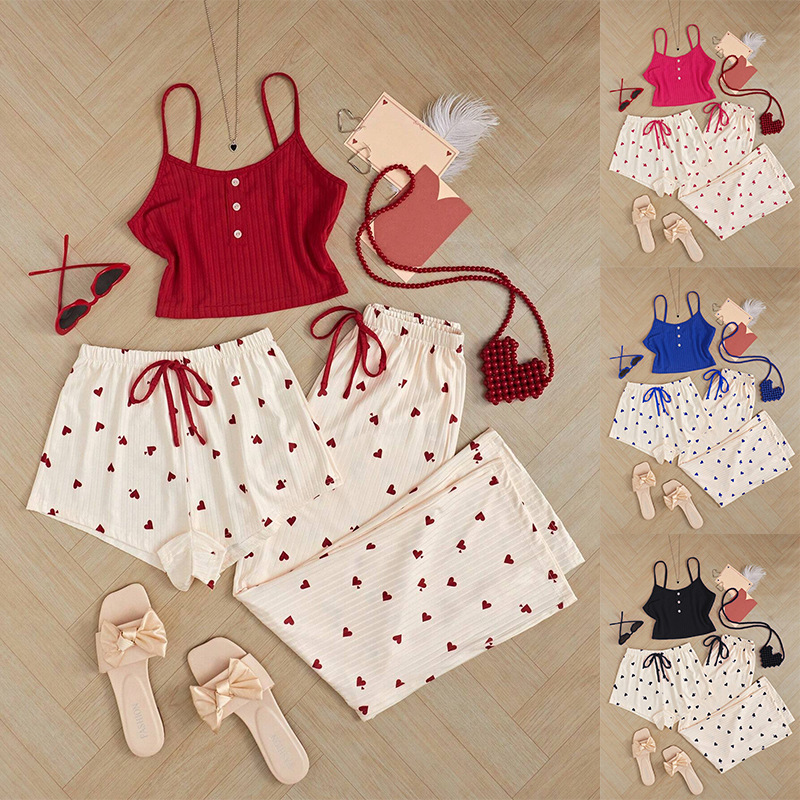 Women's Clothing Three Piece Home Clothes Striped Heart Printing Casual Vest Pajamas Suspenders And Short Pants Suit