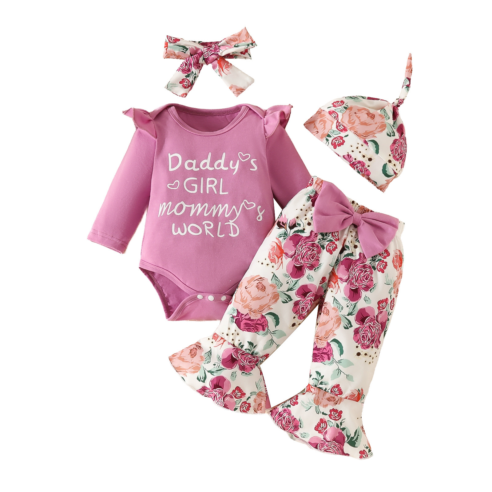 Mother & Kids Baby long-sleeved trousers four-piece set Newborn long-sleeved triangle romper flower bow flared trousers hat headband_voghion.com