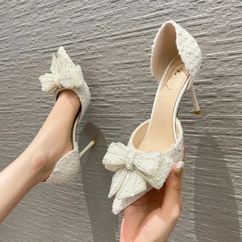 Pearl Crystal Bowtie White Wedding Women 2024 Spring Brand Designer High Heels Pumps Woman Thin Heeled Party Shoes_voghion.com