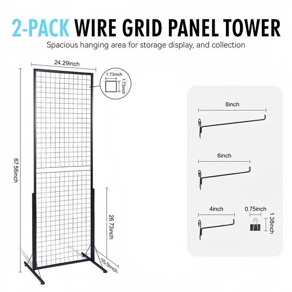 Panneaux muraux quadrillés 67 Dollar Grid, paquet de 2, tour d'affichage double face sur pied de 24 pouces avec base en T et crochets supplémentaires_voghion.com