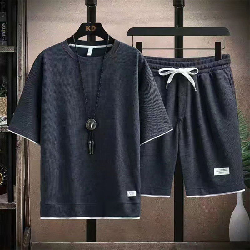 Waffel Kurzarm Sommer Casual Sport Shirt Sweatshirt Herren T-Shirt Shorts Zweiteiliges Set_voghion.com