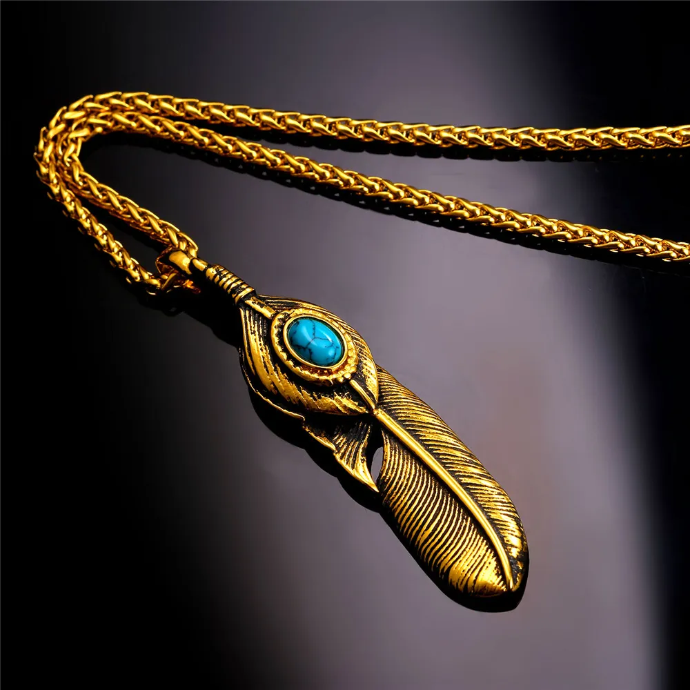 Collane con ciondolo Dream Catcher Collana e design a forma di piuma con pietra blu Acciaio inossidabile Colore oro Boho Vintage_voghion.com