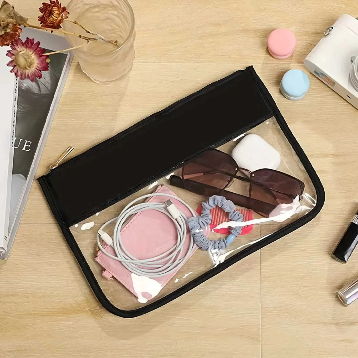 1 organizer da viaggio in PVC impermeabile per il trucco con cerniera, borsa da toilette trasparente, portafoglio e snack Y241023_voghion.com