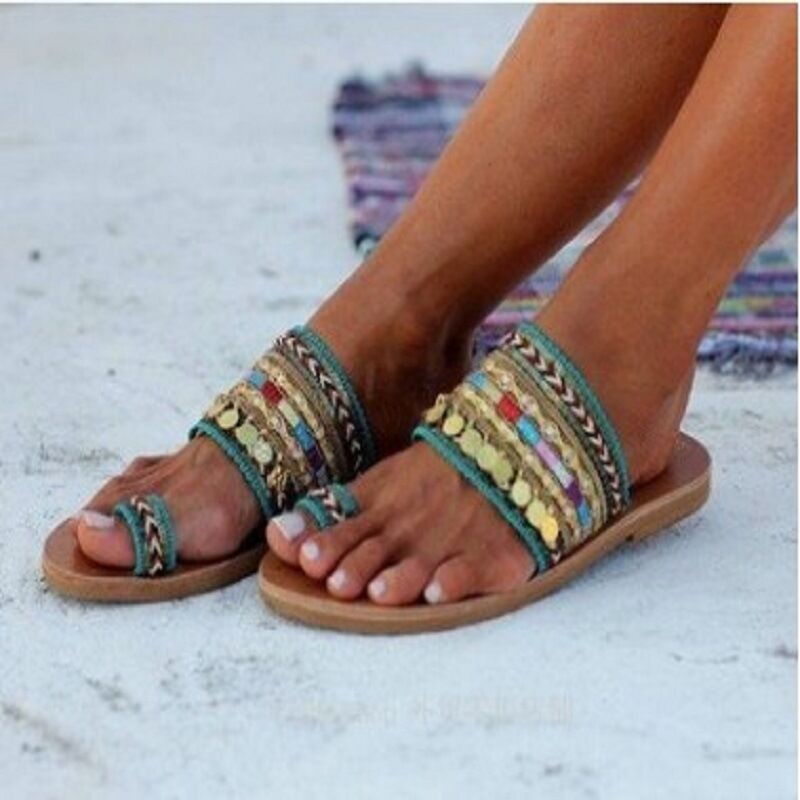 2020 national style handmade beaded sandals New summer large metal decorative sequins toe set flat Caligae shoes_voghion.com