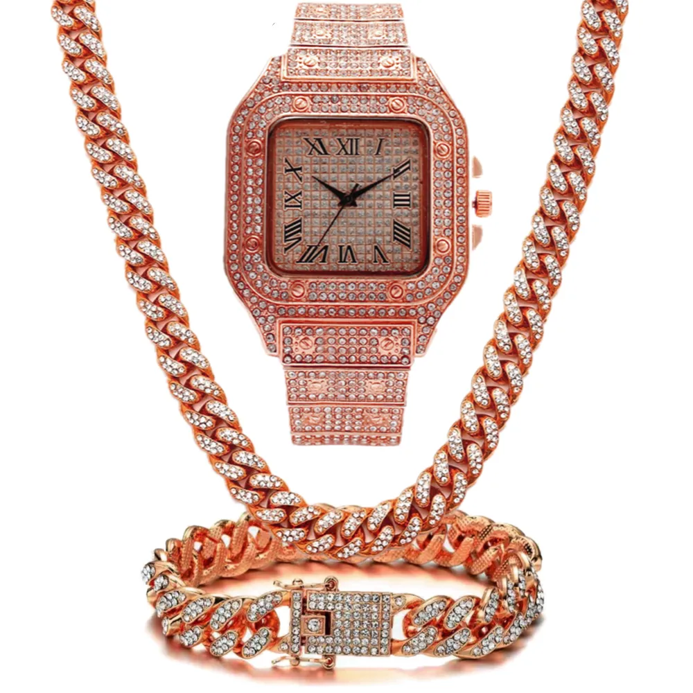 Catene Iced Out Catena Bling Miami Cuban Link Strass Orologio Collane Bracciale Donna Uomo Ciondolo Gioielli Hip Hop Choker_voghion.com