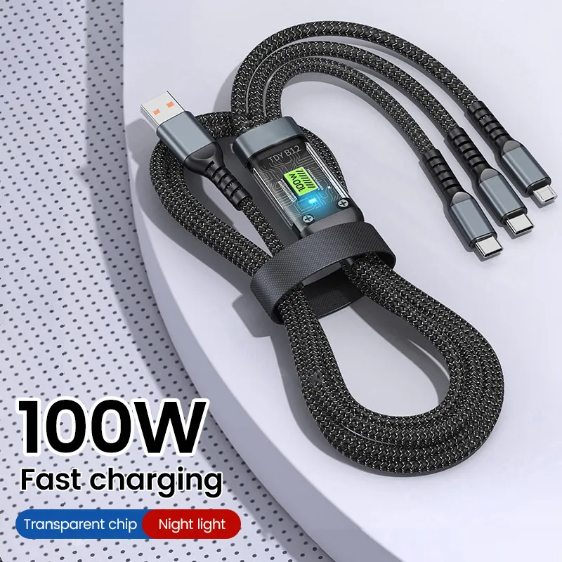 New Transparent LED Night Light Fast Charging Supports 100W 3 In 1 USB Charger Mobile Phone Type C Data Cable For Iphone_voghion.com