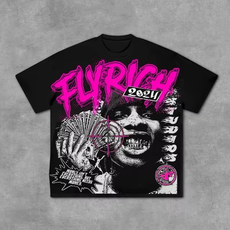 Men's T Shirts Fly Rich Abstract Human Face Graphic Cotton T-Shirt Men Y2K Summer Short Sleeves Oversize Tshirt_voghion.com