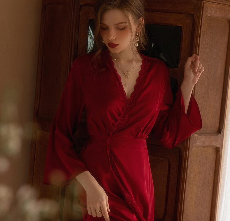 Vêtements pour femmes Robe de matin de mariage Chemise de nuit longue pour femmes Maquillage de mariage Demoiselles d’honneur Niche Kimono Satin Peignoir extra long_voghion.com