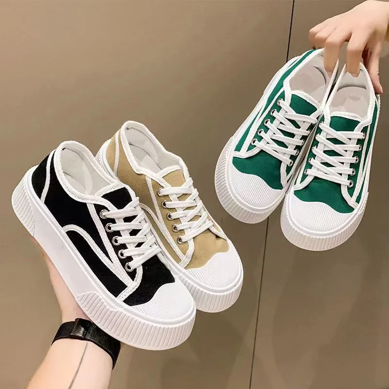 Suola spessa, testa rotonda, tela, motivo a quadri, traspirante, alla moda, casual, confortevole, antiscivolo, resistente all'usura._voghion.com