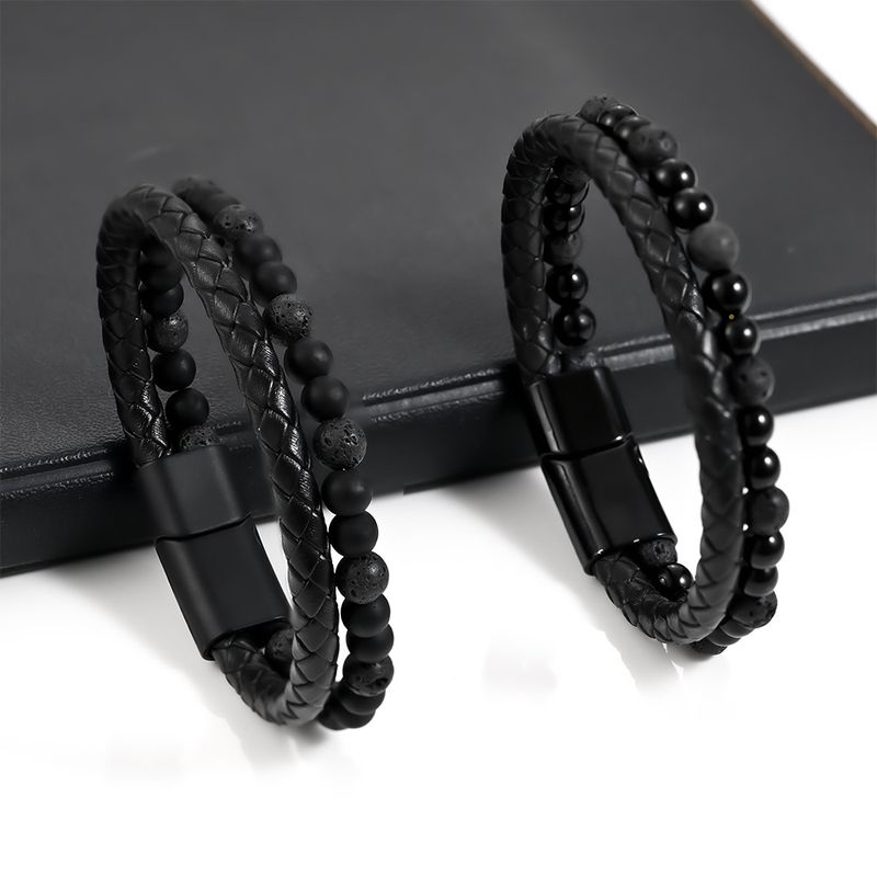 Bracelet en cuir véritable tressé et perles en alliage de pierre volcanique naturelle pour homme_voghion.com