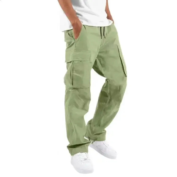 Calças para homens comprimento total cor sólida solta vários bolsos bolsos com cordão calças cargo masculinas 3XL 240813_voghion.com