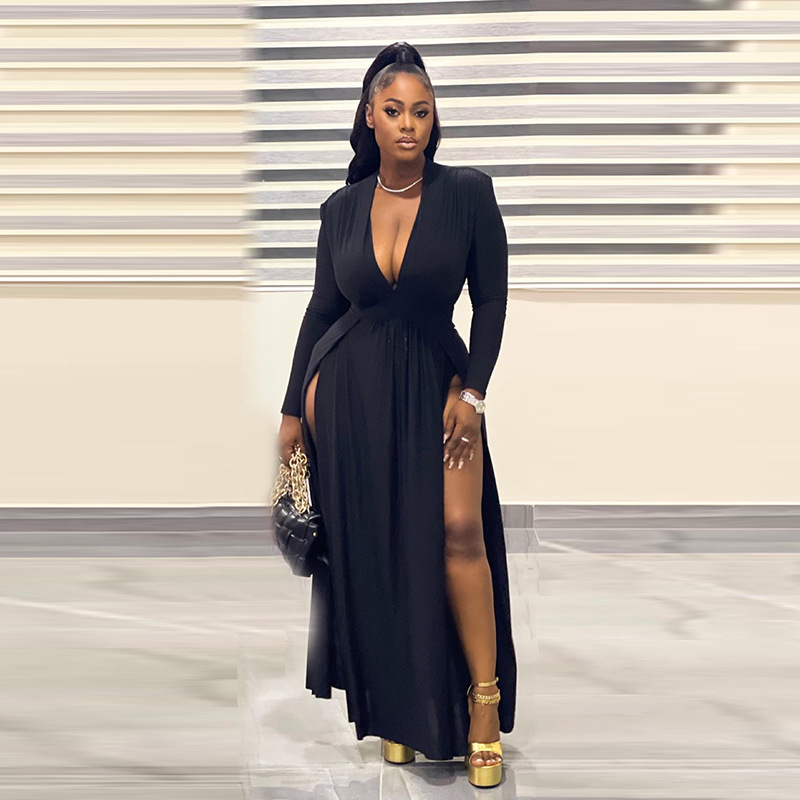 Robe de soirée patchwork sexy à col en V, robe de grande taille_voghion.com