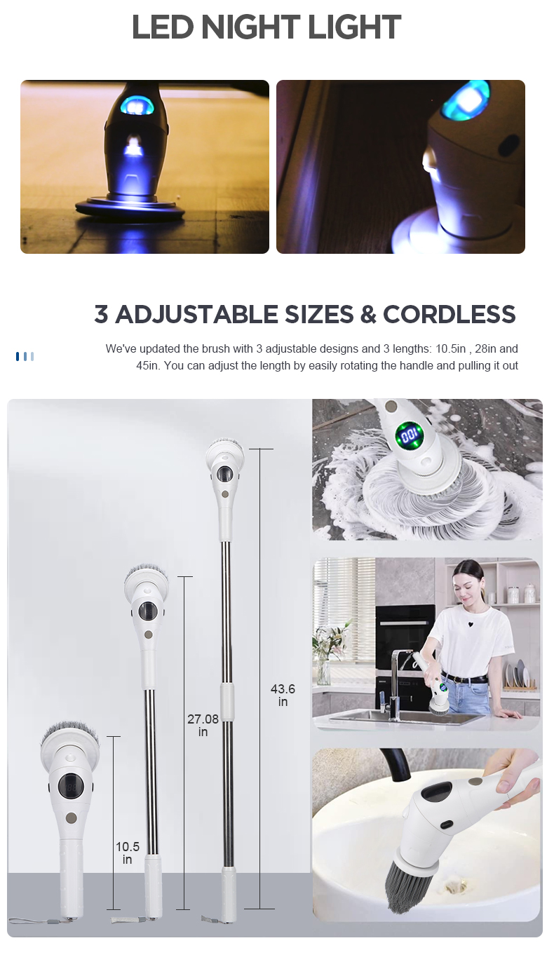 Neue elektrische Reinigungsbürste für Badezimmer und Küche, multifunktionale 8-in-1-Reinigungsbürste mit LED-Nachtlicht, drehbare Haushaltsbürste_voghion.com