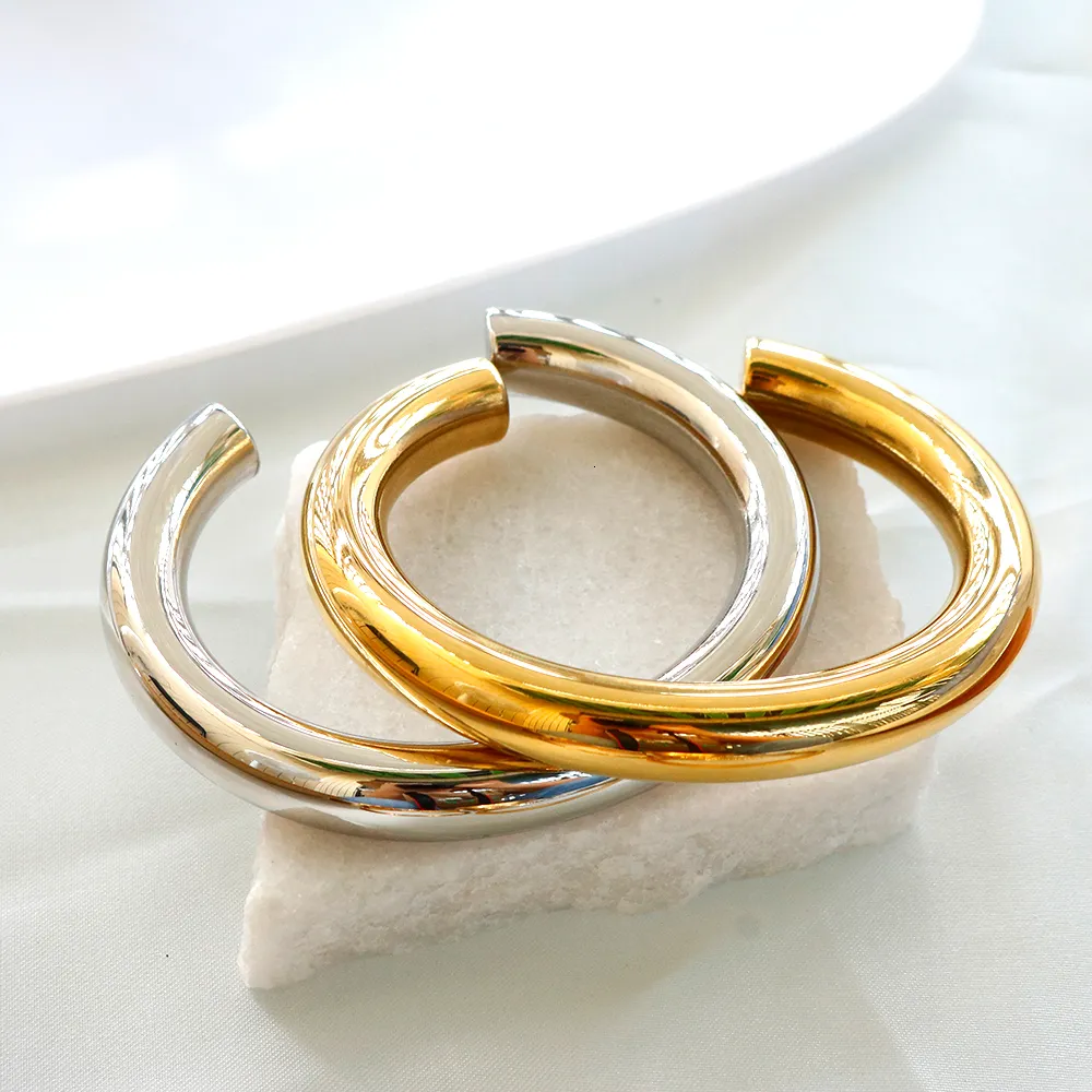 Braccialetto a tubo spesso per donna Bracciale a polsino in acciaio inossidabile Hiphop Cavo placcato oro Moda all'ingrosso Gioielli Pulseras_voghion.com