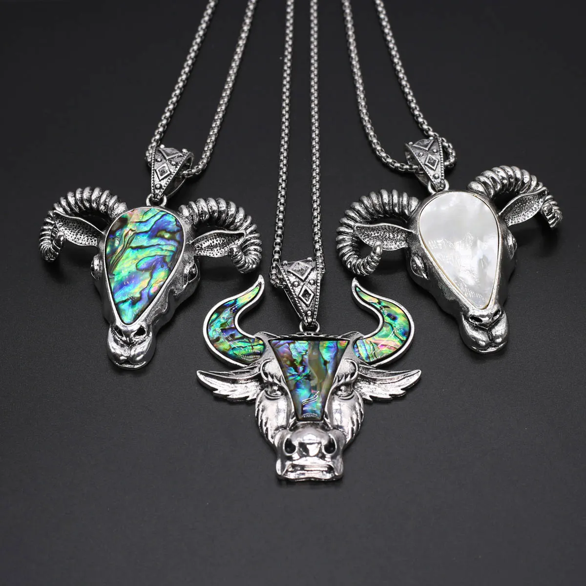 Kedjor Naturlig Abalone Shell Patchwork Legering Demon Fårhuvud Ko Hänge Halsband Utsökta Smycken Gåva För Män Kvinnor_voghion.com